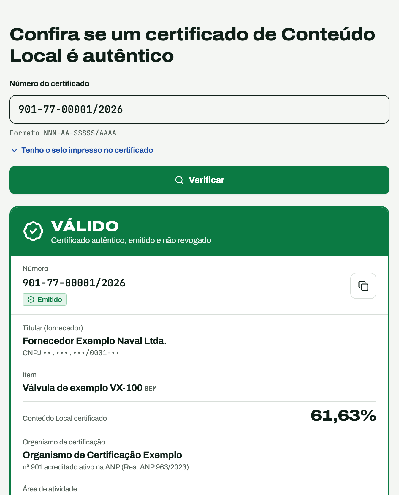 Verificação pública de certificado de Conteúdo Local no CL360 mostrando um certificado válido, com titular, item, percentual e organismo de certificação